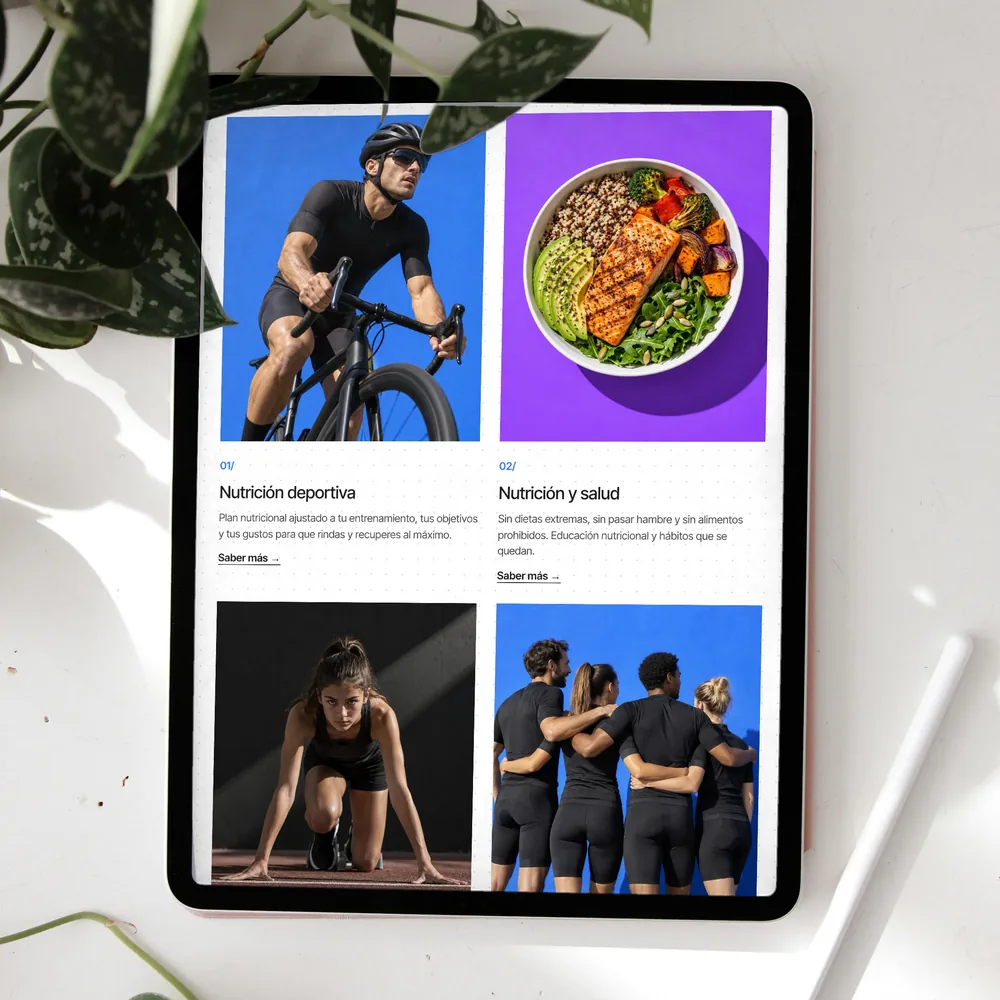 Web de Hungry To Perform en un iPad: servicios de nutrición por objetivo